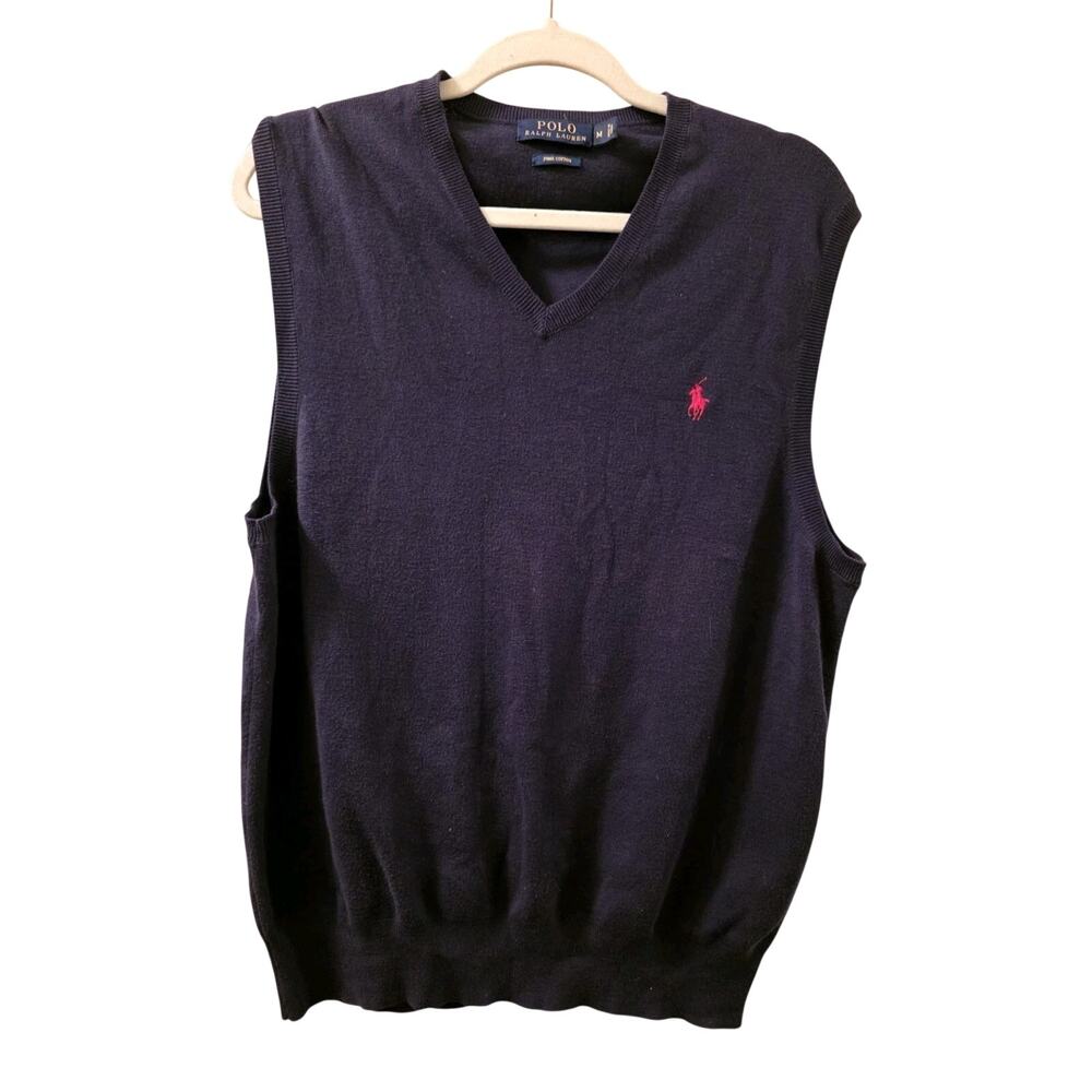 VINTAGE Polo Ralph Lauren Sweater Vest Pima Cotton Blue Red Knit Grandpa Mens M